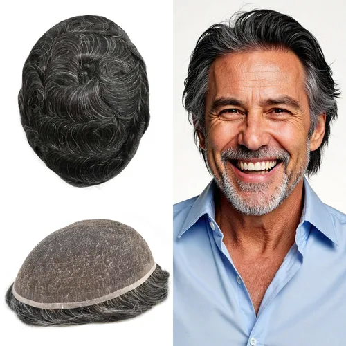 Miniatura 27 de PUNRU HAIR Completo Swiss Lace Toupee para hombres Sistema de cabello humano real Sistema de reemplazo de cabello humano para hombre Toupee