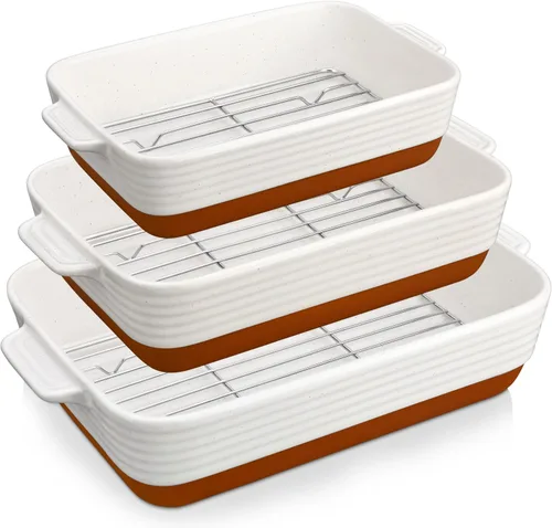 Miniatura 10 de MALACASA Fuentes para horno, Juego de 3 fuentes de cerámica para hornear, Juego de fuentes para hornear, Bandeja rectangular para lasaña profunda