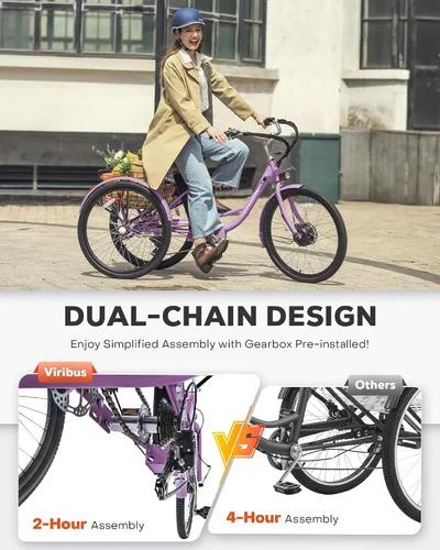 Miniatura 4 de VIRIBUS Triciclo eléctrico para adultos, triciclo eléctrico de 24 26 pulgadas con batería extraíble de 468 Wh, 250 W/350 W (pico 500 W) bicicletas