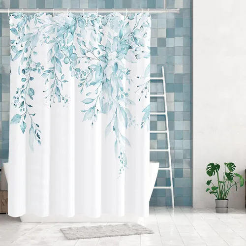 Miniatura 56 de Tititex Spun Sugar - Juego de cortinas de ducha de eucalipto azul claro, hojas de acuarela brillantes en la parte superior, decoración floral