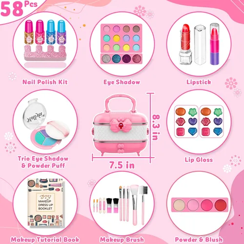 Miniatura 3 de Hollyhi Kit de Maquillaje de 58 Piezas para Niñas, Juguetes de Princesa, Set de Cosméticos Reales Lavables con Espejo, Sets de Maquillaje