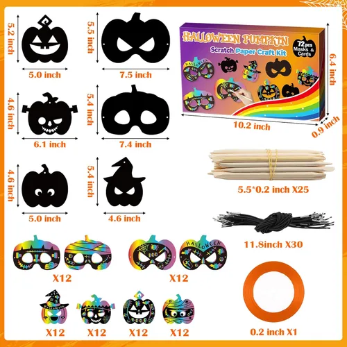 Miniatura 2 de BeYumi Juego de 72 piezas de papel de rascar de calabaza de Halloween para niños, papel mágico para rascar, tarjetas de máscara de manualidades