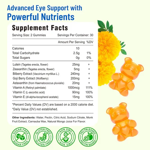 Miniatura 2 de Vitaminas para los ojos Gomitas de luteína y zeaxantina, suplementos de salud ocular sin azúcar con arándano, astaxantina, apoyan la luz azul