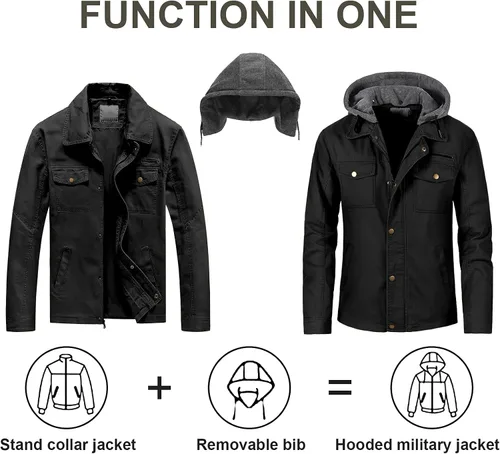 Miniatura 2 de Pursky Chaqueta de lona de algodón militar casual para hombre con capucha desmontable
