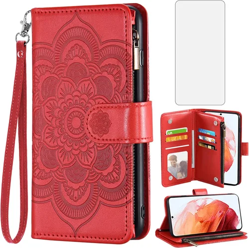 Asuwish Compatible con Samsung Galaxy S22 5G - Funda tipo cartera y protector de pantalla de vidrio templado, funda de piel con diseño de flores,