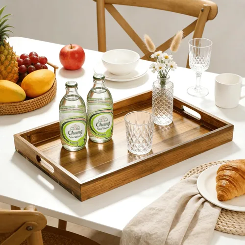 Miniatura 6 de YOUEON Paquete de 2 bandejas de madera de acacia de 17 x 12 pulgadas con asas, bandeja grande de madera para otomana, desayuno en la cama, cena