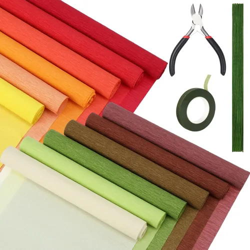 Leinuosen Juego de 65 piezas de papel crepé de flores para bricolaje, 12 rollos de 10 x 98 pulgadas, 100 hilos de hierro floral, 1 cortador de