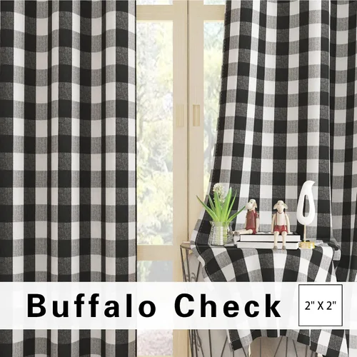 Miniatura 3 de UPOPO Cortinas de ventana Buffalo Check 122 cm de largo, cortinas de algodón para sala de estar, paneles de cortina a cuadros para dormitorio