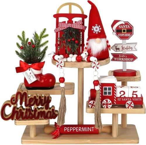 Decoraciones Navideñas Juego de 8 Piezas de Decoración para Bandejas Escalonadas, Bonita Decoración Navideña de Mesa para Hogar Estante Repisa de