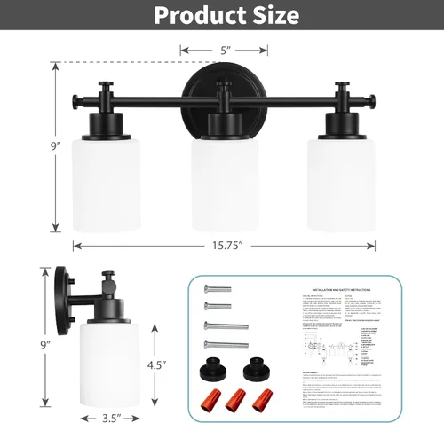 Miniatura 3 de Lámparas de baño negras de 3 luces, modernas luces de tocador sobre el espejo, apliques de pared de baño con pantalla de vidrio blanco, enchufe E26