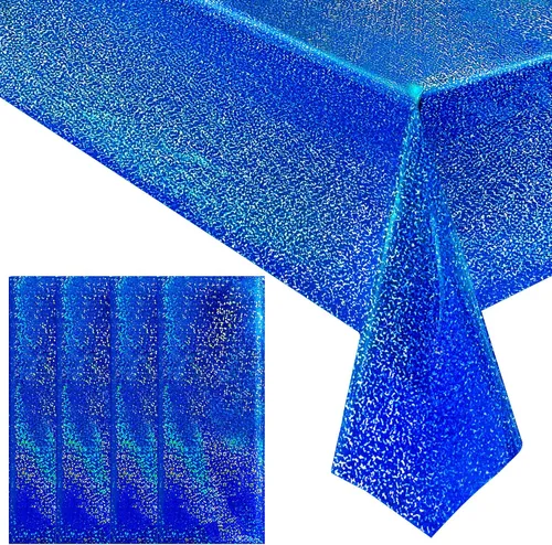 4 piezas de mantel de fiesta azul real holográfico de 40" x 108" con iridiscencia, mantel de plástico azul marino brillante para graduación, 4 de