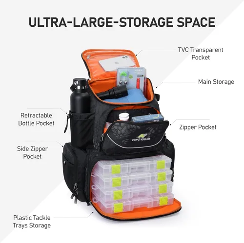 Miniatura 3 de N NEVO RHINO Mochila de aparejos de pesca con soportes para caña, bolsa de pesca grande de 40 L con cubierta impermeable para lluvia, bolsa