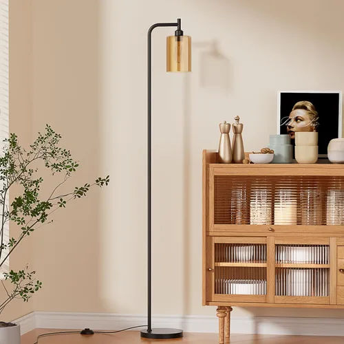 Ziisee Lámparas de pie para sala de estar, lámpara de pie con pantalla de vidrio ámbar, lámpara de pie moderna con bombillas LED, lámpara de pie