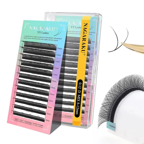 Miniatura 142 de Suministros de extensiones de pestañas NAGARAKU yy, pestañas falsas 0.05mm rizado D, bandeja mixta 8-12mm, prefabricadas 4D, abanico fácil, volumen