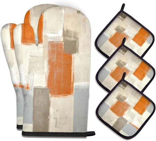 MCALK Juego de 5 piezas de guantes de horno naranjas y soportes para ollas, guantes de horno beige y almohadillas calientes para cocinar en la