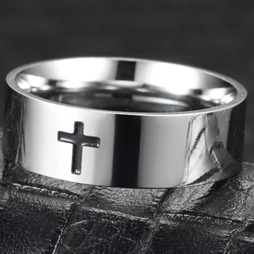 Miniatura 2 de Jude Jewelers Anillo de boda religioso de acero inoxidable de 0.315in con cruz cristiana simple, Metal, Zirconia cúbica