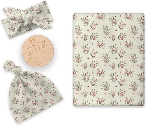Miniatura 11 de BabyWhale Manta de muselina para envolver con sombrero y vincha con moño, juego de manta con estampado de animales para bebés niños y niñas, manta