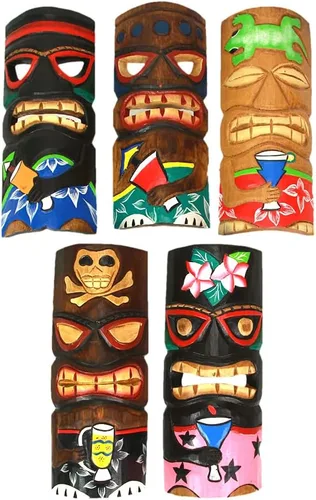 Miniatura 22 de Zeckos Juego de 2 máscaras de pared Tiki de madera tallada a mano, 39 pulgadas de alto, acabado envejecido pintado, esculturas de pared para sala