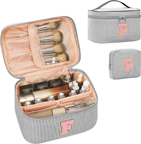 Miniatura 57 de Juego de bolsas de maquillaje con iniciales para niñas y mujeres, bolsa de cosméticos con monograma con soporte para cepillos, estuche de maquillaje