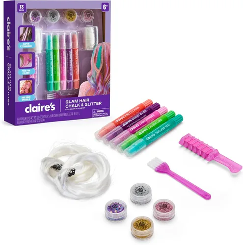 Claire's Kit de peinado de tiza para el cabello y purpurina, juego de 13 piezas de color temporal para el cabello con bolígrafos de tiza lavables,