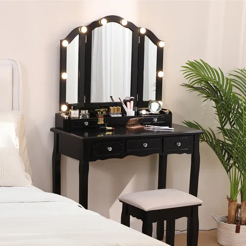 BLEXA Juego de mesa de maquillaje de escritorio y taburete, tocador con luces y espejo con 5 cajones, 3 ajustes de luz de brillo ajustable para