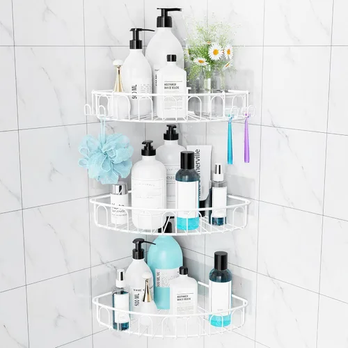 Miniatura 11 de Orimade Estante de ducha de esquina de acero inoxidable con ganchos, estante de baño montado en la pared, organizador de almacenamiento adhesivo