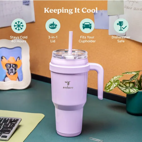Miniatura 3 de REDUCE 40 oz Vaso de acero inoxidable de 2 paredes con asa - Taza de viaje con aislamiento al vacío, tapa a prueba de sudor y pajita reutilizable