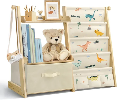 Estantería para niños y organizador de juguetes 2 en 1, estante para libros para habitaciones de niños con cubo de juguetes móvil, estante de 4