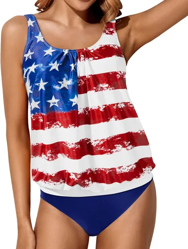 Miniatura 7 de Yonique Trajes de baño estilo tankini con blusón para mujer, de dos piezas, ajuste holgado, sencillo y estampado floral.