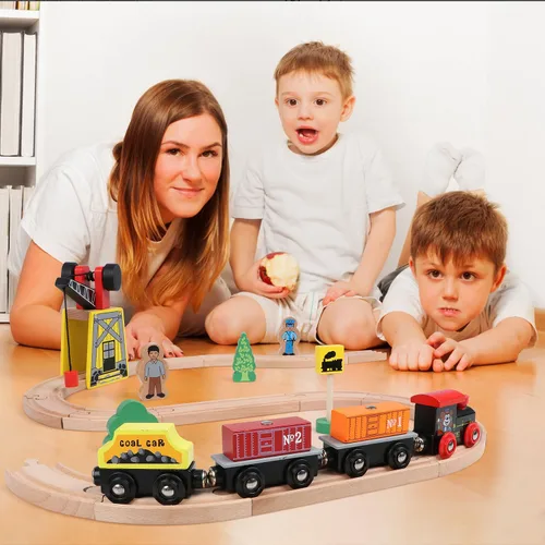 Miniatura 9 de Juego de trenes de madera Qilay para niños pequeños - 39 piezas de vías de tren de madera con grúa, puente y 5 trenes de madera - Juguetes de trenes