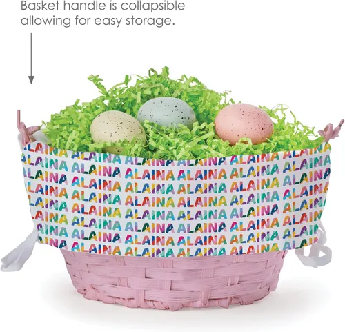 Miniatura 5 de Patrón colorido con nombre para ella, cesta de huevo de Pascua personalizada con asa y nombre personalizado Forros de cesta de Pascua blancos