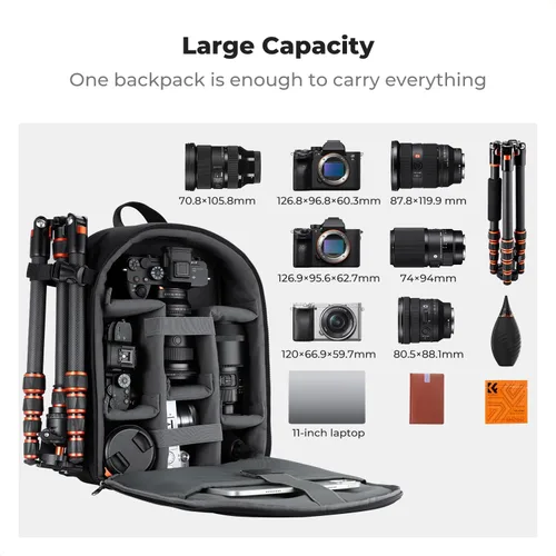 Miniatura 3 de K&F CONCEPT Mochila ligera para cámara, bolsa de fotografía profesional compatible con cámaras Canon/Nikon/Sony y accesorios para lentes, funda