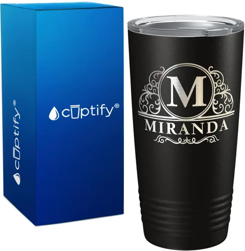 Vaso personalizado de regalo de cumpleaños para mujeres y hombres, elaborado círculo monograma grabado en negro, taza personalizada de acero