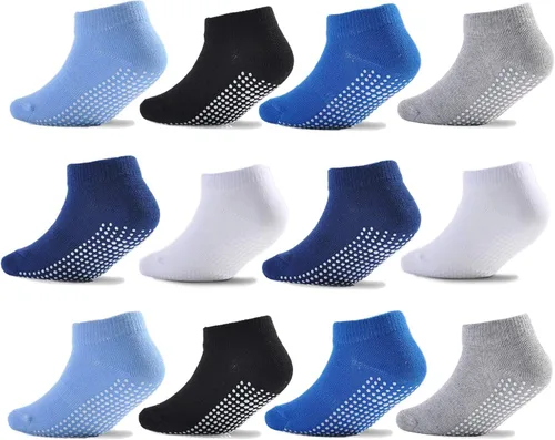 EPEIUS Calcetines de corte bajo antideslizantes para recién nacidos, niños y niñas, calcetines de tobillo con empuñaduras, 12 pares