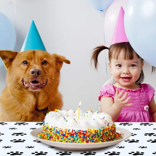 Miniatura 3 de Tatuo Mantel de plástico con estampado de patas de cachorro, 2 piezas, desechable, decoración de fiesta de cumpleaños con temática de cachorros