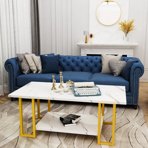 Miniatura 4 de AWQM Mesa de Centro de Mármol, Mesa de Centro Rectangular con Superficie de Mármol Sintético con Marco de Metal Dorado, Mesa de Sala de 2 Niveles