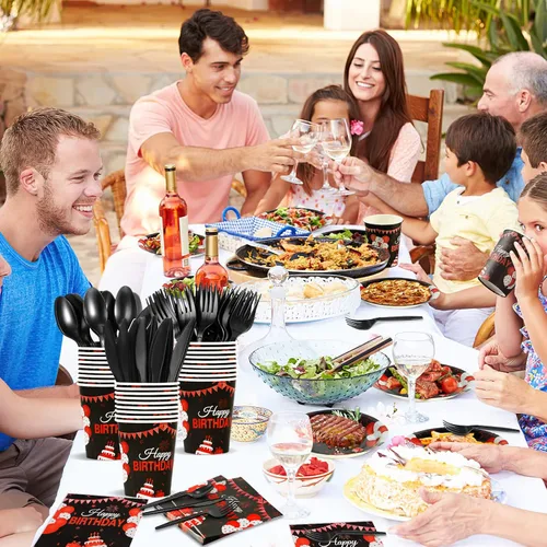 Miniatura 6 de Juego de vajilla de 168 piezas para fiesta de cumpleaños de color negro y rojo, platos, cuchillos, tenedores, cucharas, tazas y servilletas