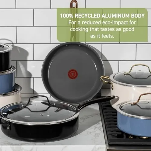 Miniatura 3 de T-Fal Preserve Ceramic, juego de utensilios de cocina antiadherentes de 13 piezas, apto para horno y asador hasta 350°F, incluye olla de cocción Azul