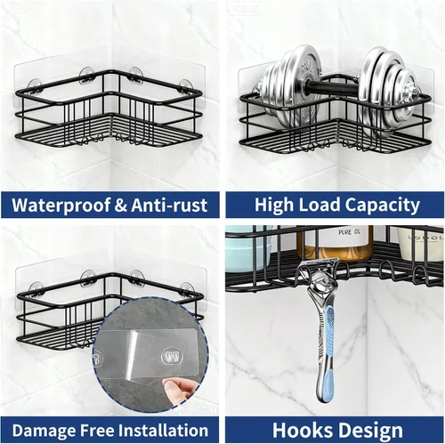 Miniatura 5 de Menbyci Organizador de ducha negro esquinero para baño, accesorios organizadores de baño a prueba de óxido, cesta de ducha adhesiva, estante
