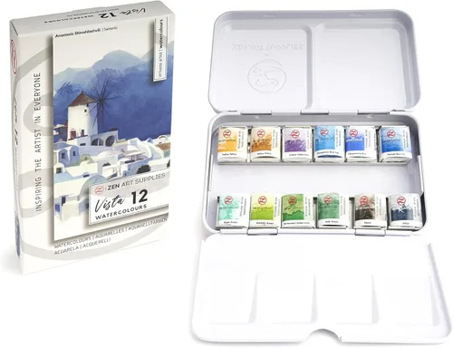 Miniatura 7 de ZenART Supplies Juego de pintura de acuarela profesional Vista – No tóxico 12 medias bandejas en lata de metal paleta portátil de viaje vibrante 07.