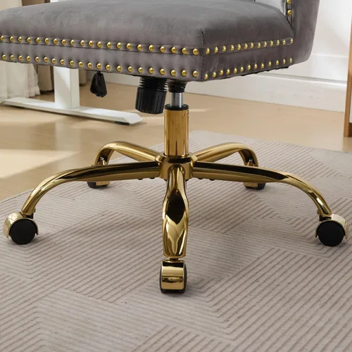 Miniatura 5 de LKTART Silla de oficina tapizada de terciopelo con botón copetudo con base de metal dorado, silla de escritorio ajustable silla de oficina giratoria