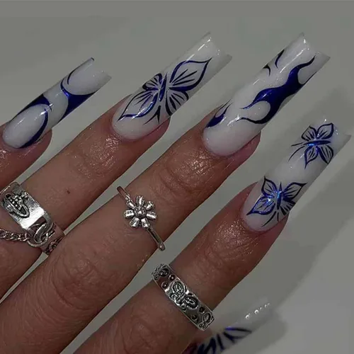 Miniatura 8 de Foccna - Uñas postizas 3D con flores, cuadradas, rosas, francesas, brillantes, con strass, largas, para manicura, 24 piezas