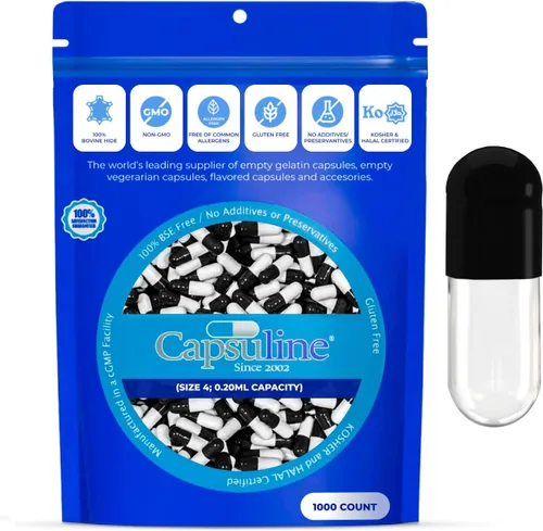 Capsuline Cápsulas de gelatina vacías tamaño 4, negro/transparente, 1000 unidades, sin gluten, Kosher, con certificación OGM | Pastillas bovinas