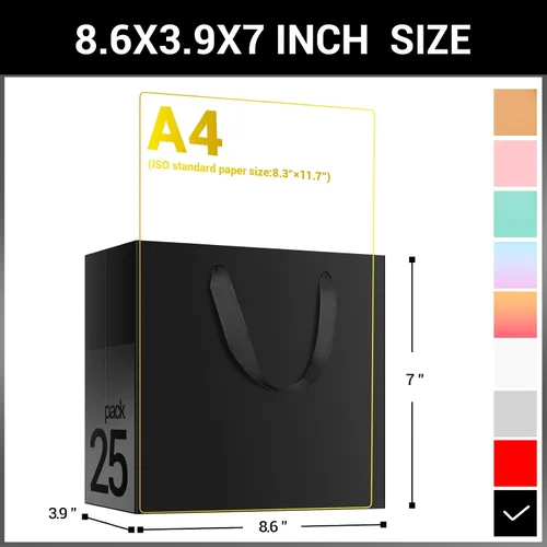 Miniatura 2 de EUSOAR Bolsas de papel de regalo de tamaño pequeño, paquete de 25 bolsas de papel negro resistentes de 8.6 x 3.9 x 7 pulgadas con asas a granel
