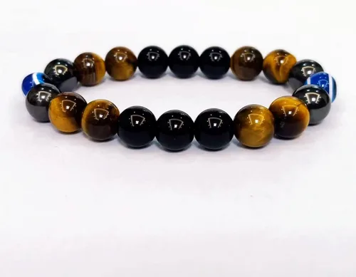 Miniatura 2 de Pulseras de triple protección con piedra de ojo de tigre de obsidiana negra con hematita para hombres y mujeres, pulsera de piedra curativa