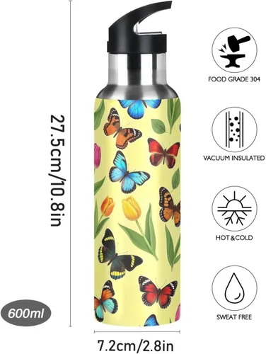 Miniatura 9 de Stainless Steel Vacuum Insulated Water Bottle 32 Oz, Leakproof Water Bottles for Gym Outdoor Travel School, Colorful Butterflies Tulips Yellow