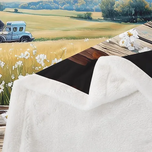 Miniatura 4 de Rustic Farmhouse Style Sherpa Blanket Retro Barn Truck Flannel Fleece Throw Blanket 40"x50" for Sofa Couch Country Daisy Flowers Ultra Soft Bed Blue
