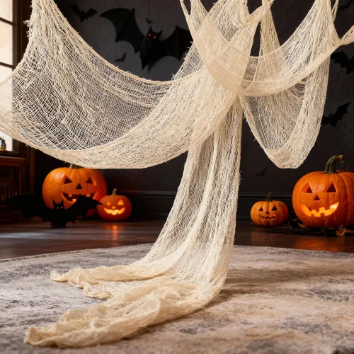 Miniatura 5 de Qtisky Juego de 5 telas de gasa espeluznante de Halloween, tapiz de gasa de Halloween beige para interiores y exteriores, decoraciones espeluznantes