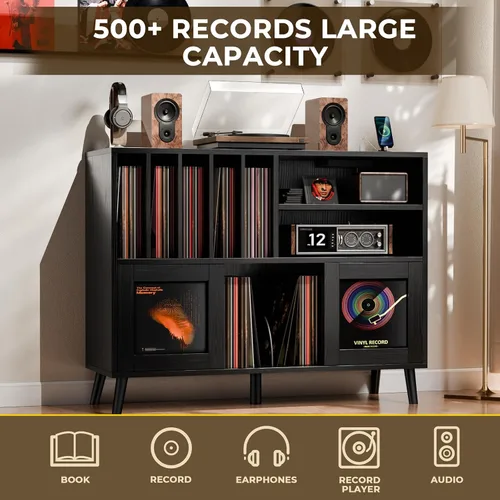 Miniatura 9 de Soporte XL para tocadiscos con puertas corredizas, gabinete de almacenamiento de discos de vinilo con estación de carga y puertos USB, mesa moderna