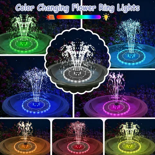 Miniatura 7 de Yzert Fuente solar de luces de anillo colorido, fuente de agua solar 2026 de 3.5 W con batería de 2000 mAh, bomba de fuente solar para baño